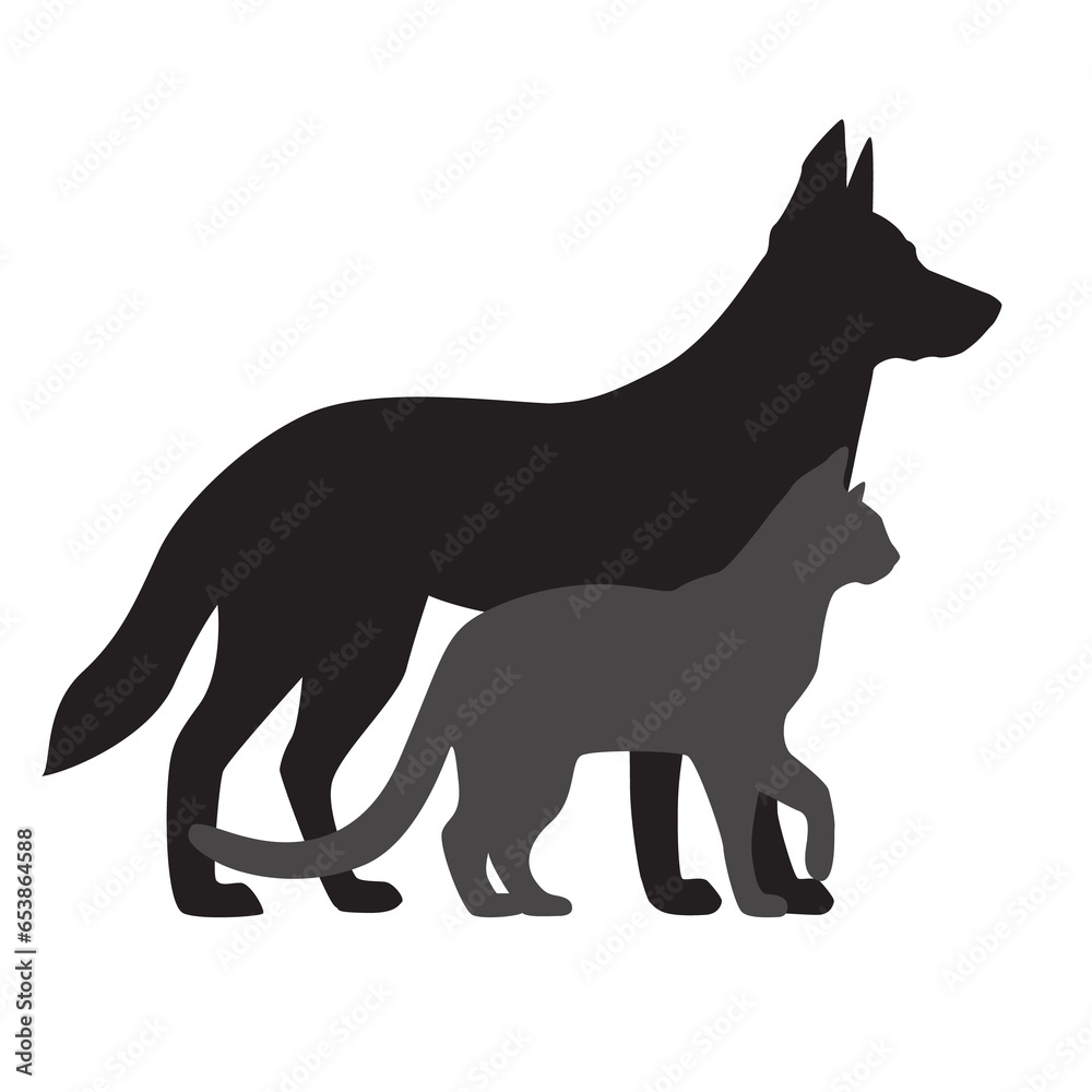 Dog and cat full length black silhouettes, side view. Illustration on transparent background