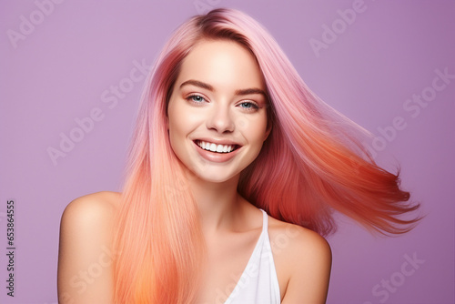 Generative AI portrait picture of beautiful young girl after salon styling have pink orange bright coloring dyed hair
