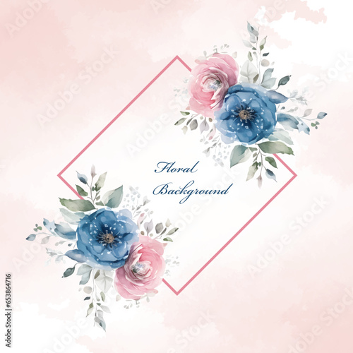 wedding invitation background with blue and pink roses watercolor illustration square frame