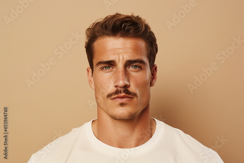 Generative AI photo portrait of handsome successful happy man isolated on beige background © deagreez