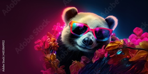 In neon light Very cute and glamorous baby panda with branches of flowers. AI generation 