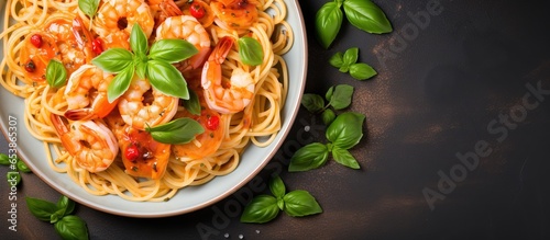Top view of Italian shrimp fettuccine pasta with creamy alfredo sauce copy space