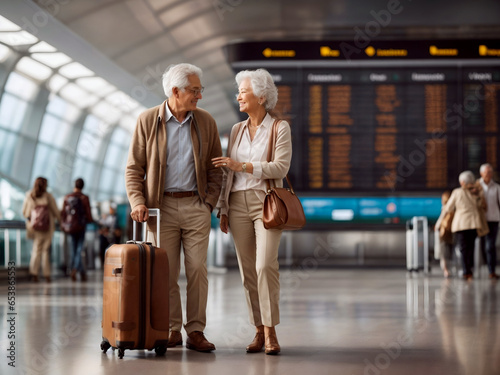 Happy senior couple staying at the airport with suitcase by information board, traveling retired, elderly people leading healthy and active lifestyle. Copyspace.