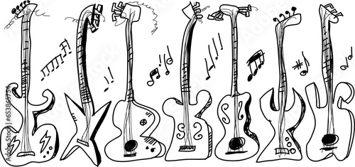 Set hand draw different guitars, pattern doodle