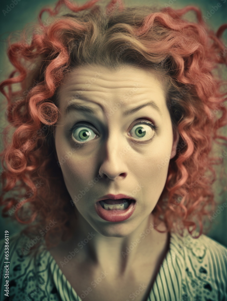 Female face with funny hairstyle, surprised expression, dark background