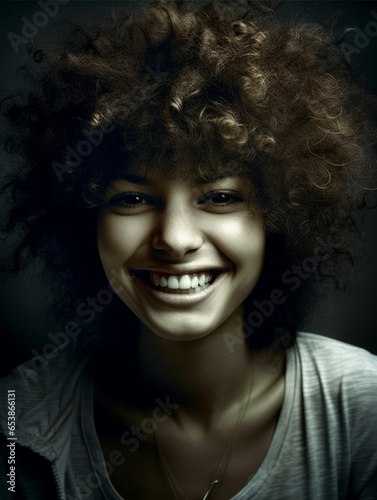 Female face with funny hairstyle, smile expression, dark background