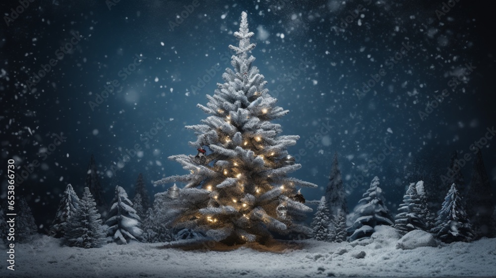 The snow covered Christmas tree contrasts with the dark blue backdrop