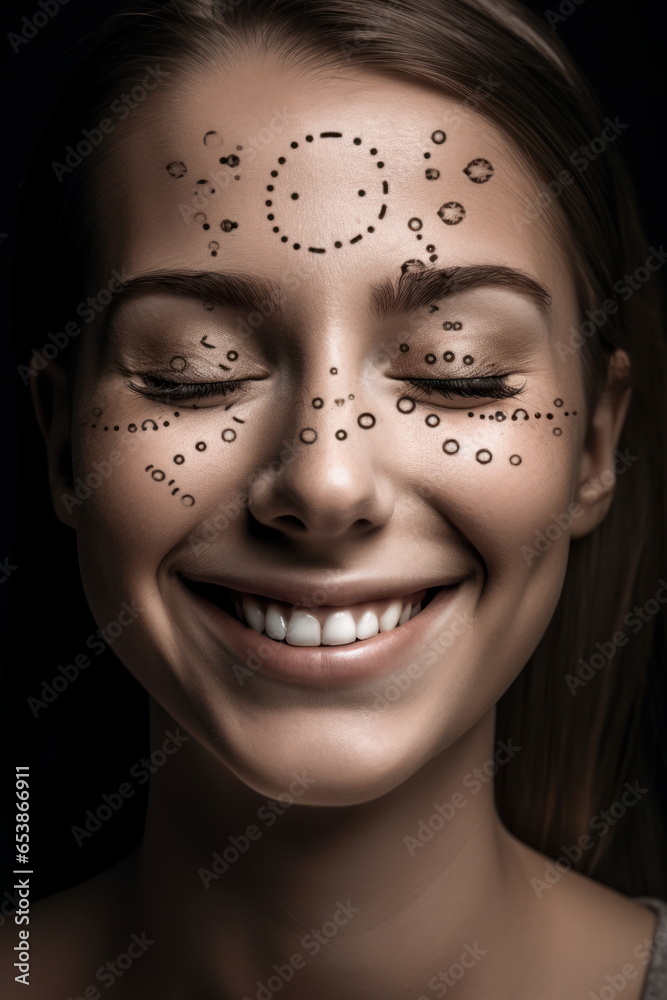 Female face with funny hairstyle, happy expression, dark background