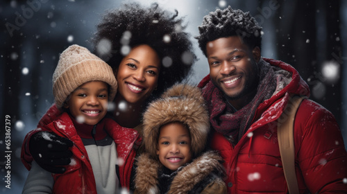 African american family, father and mother with two children close up portrait in park, winter snow season joy. Looking at camera