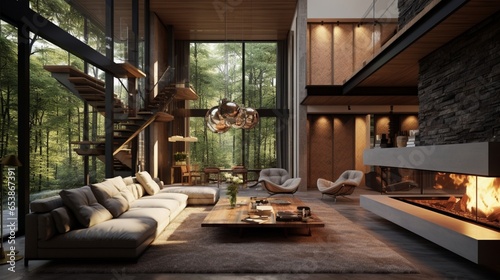 A living room with a two-story ceiling and a suspended fireplace