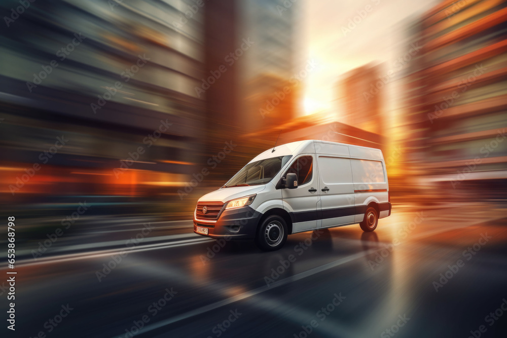 Fototapeta premium Delivery van driving through the city on a blurred city background. Fast delivery concept. AI generated