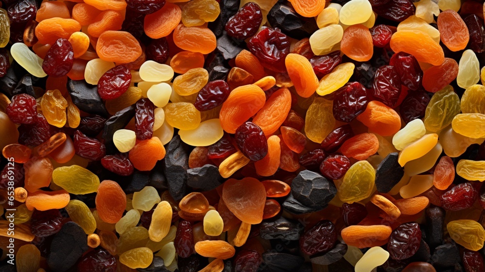 a medley of dried fruits, from tangy cherries to sweet dates, forming a colorful mosaic - obrazy, fototapety, plakaty 
