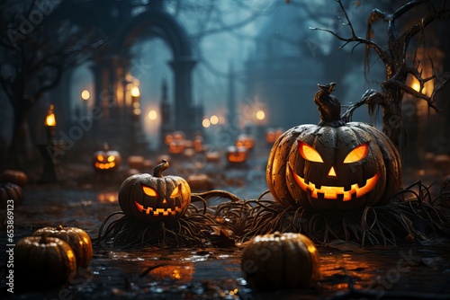 Jack-o'-lanterns aglow with eerie smiles in a misty graveyard.