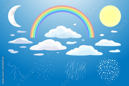 Set of weather elements. Sun, moon, rainbow, clouds, stars, snow, rain, lightning. Vector illustration.