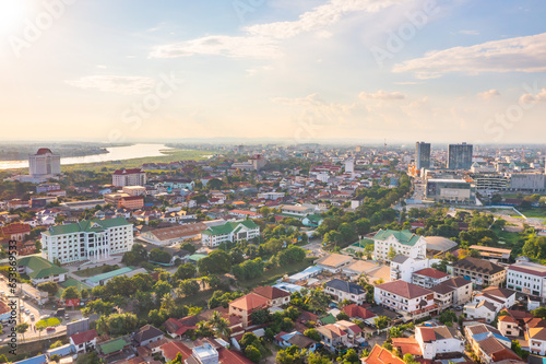 Laos City Center Hight Angle Drone shot in Vientiane Capital, Laos