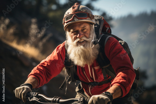 Santa Claus on a bike in the mountains. active pension and sports. merry christmas and new year. generative ai, ai © Svetlana