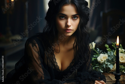 Beautiful young widow in a black lace scarf, veil. the girl mourns loss, grief and death. piercing hard gaze