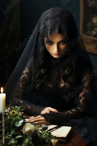 Beautiful young widow in a black lace scarf, veil. the girl mourns loss, grief and death. piercing hard gaze