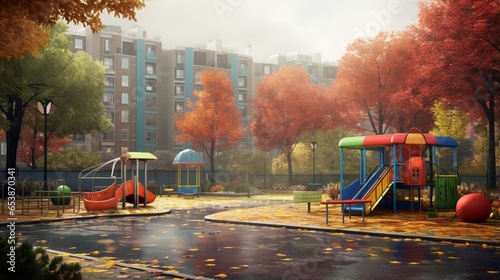a rain-soaked city park, where the playground's vibrant colors stand out against the gray backdrop, bringing life to the scene © Muhammad