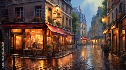 a rain-soaked European street, cobblestones reflecting the colors of quaint storefronts and charming lampposts