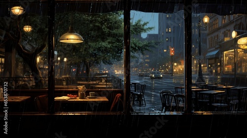 a rain-spattered cafe window  where patrons inside enjoy cozy conversations and the comforting sound of rain