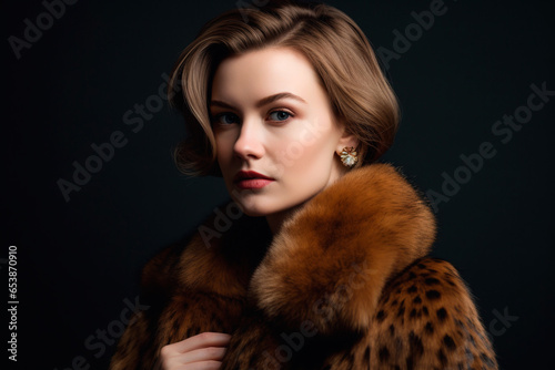 Portrait of an elegant woman in a mink and cheetah fur coat 