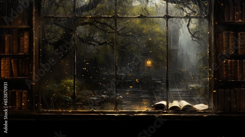 a rain-spattered library window, where the world outside fades into a blur, and the world of words becomes a refuge