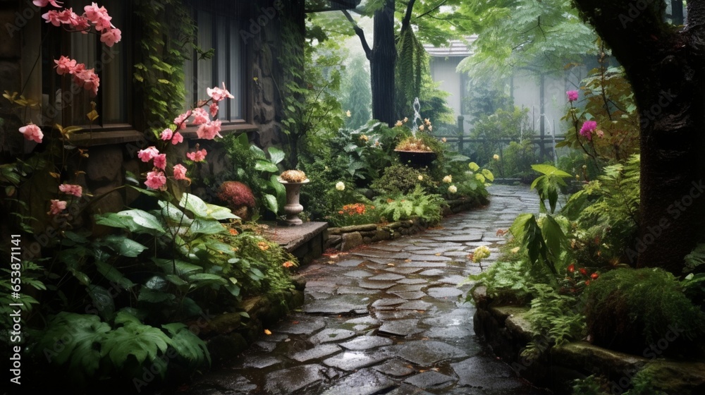 a rain-washed garden path, where stepping stones are framed by lush vegetation and rain-kissed petals