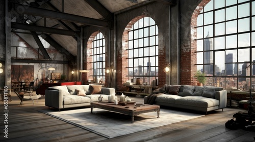Living room loft in industrial style, a room Stylish Modern with sofa, wood tables, and a concrete wa