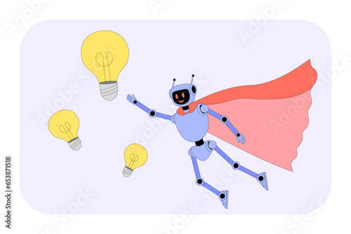 AI robot creating many ideas concept. Flying robot. Artificial intelligence. Cyberg superhero. Humanoid cartoon mascot. Super hero cloak. Business achievement, success. Machine learning. Powered by AI