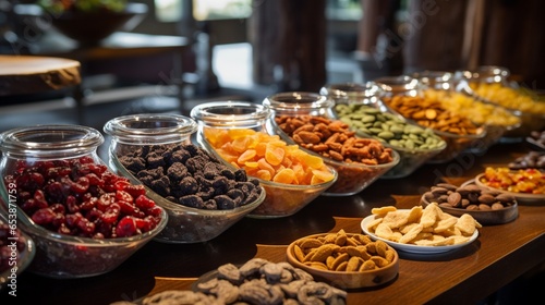 a trail mix bar, where the ingredients of dried fruits, nuts, and chocolate chips are artfully arranged and ready to be enjoyed