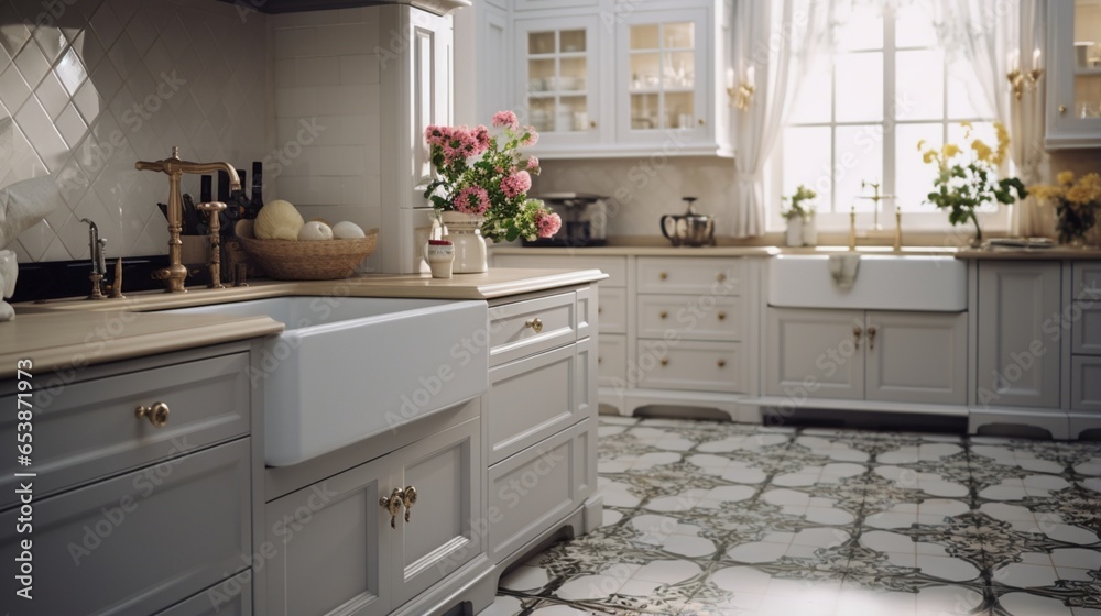 A luxury kitchen with a large farmhouse sink and patterned tile floor A luxury kitchen with a large farmhouse sink and patterned tile floor