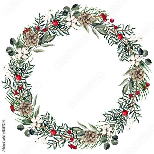 Watercolor christmas winter floral round wreath greenery frame with fir branches, pine cone, cotton, leaves isolated. Botanical winter greenery holiday illustration for wedding invitation card design