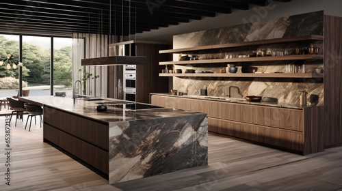 A luxury kitchen with a mix of wood and marble surfaces © artist