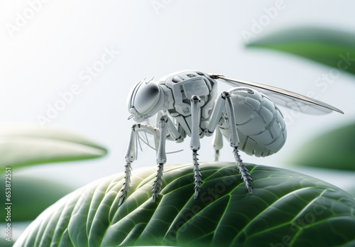 A flying insect with a transparent body, consisting of mechanical parts. A robotic beetle crawls along a green leaf. Espionage. Illustration for brochure, cover, poster, presentation or banner. © Login