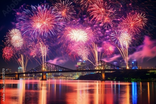 Colorful fireworks lighting up the sky during a joyful city and river celebration. Generative AI