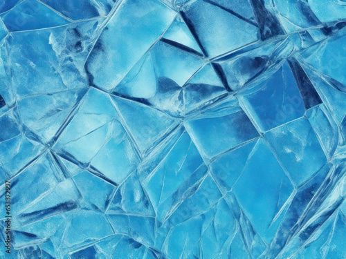 Cracked ice of bright blue color, background.