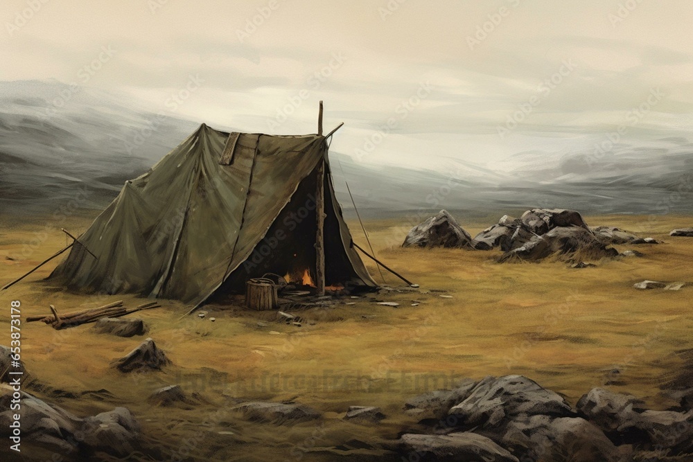 Illustration: distressed scene with tent and modest structure in remote location. Generative AI