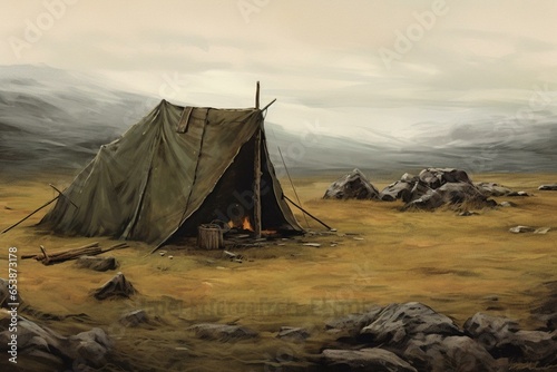 Illustration: distressed scene with tent and modest structure in remote location. Generative AI