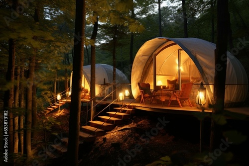 Evening glamping. Luxurious camping surrounded by nature. Generative AI