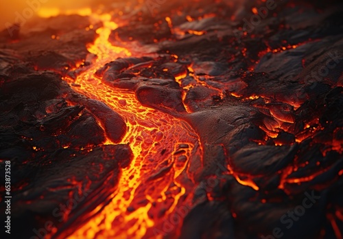 Close-up of flowing lava, top view. Dark texture background. Dangerous nature environment. Eruption of active volcano. Illustration for cover, card, postcard, brochure or advertising.