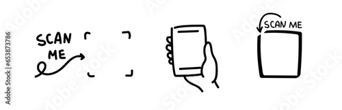 Hand drawn scan me set icons. QR code template. Scan me sticker. QR code scan icon set. Scan me frame. QR code scan for smartphone. QR code for mobile app, payment and identification. 