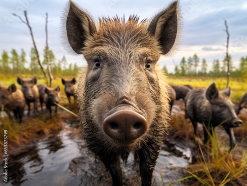 Close-up portrait of a wild boar in a clearing in the forest. Detailed image of the muzzle. A wild animal is looking at something. Illustration with distorted fisheye effect. Cover design, postcards.