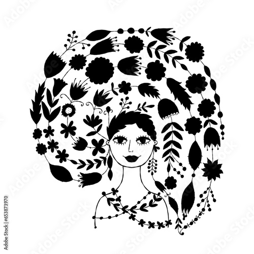 Floral concept art with fairy woman portrait design. Creative vector illustra...