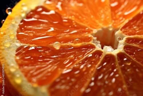 Close-up shot of orange slice with water drops. Generative AI