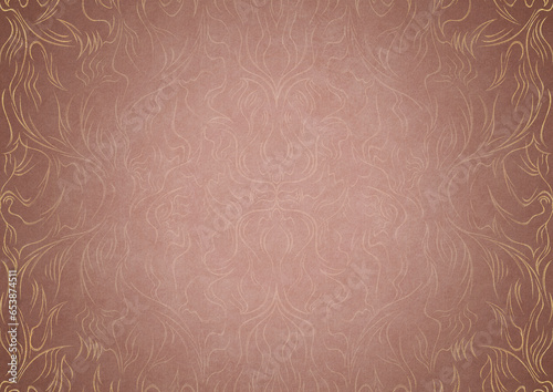Hand-drawn unique abstract ornament. Light semi transparent pale pink on a pale pink background, with vignette of same pattern in golden glitter on a darker background color. A4. (pattern: p11-1a)