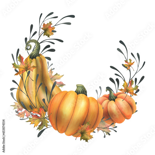 Orange autumn pumpkins with maple leaves and twigs. Watercolor illustration, hand drawn. Circle, round frame, wreath, template on a white background.