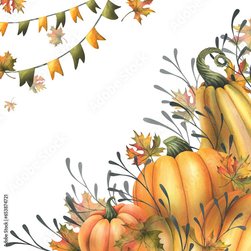 Orange autumn pumpkins with maple leaves, flags garland and twigs. Watercolor illustration, hand drawn. Template,  on a white background.
