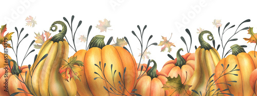 Orange autumn pumpkins with maple leaves and twigs. Watercolor , hand drawn. Seamless border on a white background
