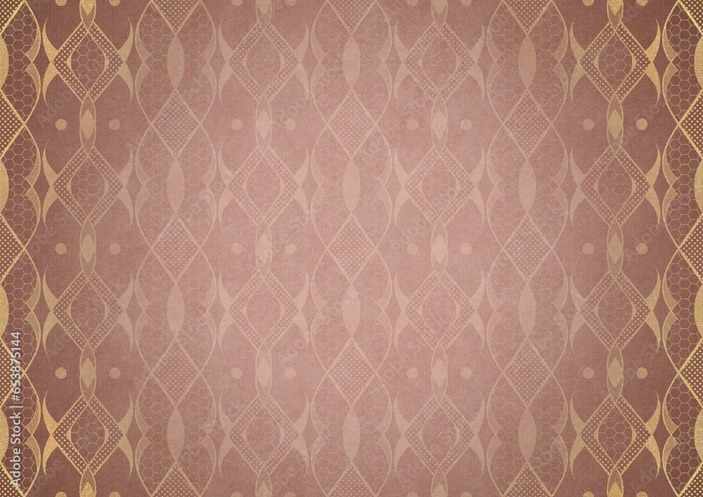 Hand-drawn unique abstract ornament. Light semi transparent pale pink on a pale pink background, with vignette of same pattern in golden glitter on a darker background color. A4. (pattern: p12c) Hand-drawn unique abstract ornament. Light semi transparent pale pink on a pale pink background, with vignette of same pattern in golden glitter on a darker background color. A4. (pattern: p12c)